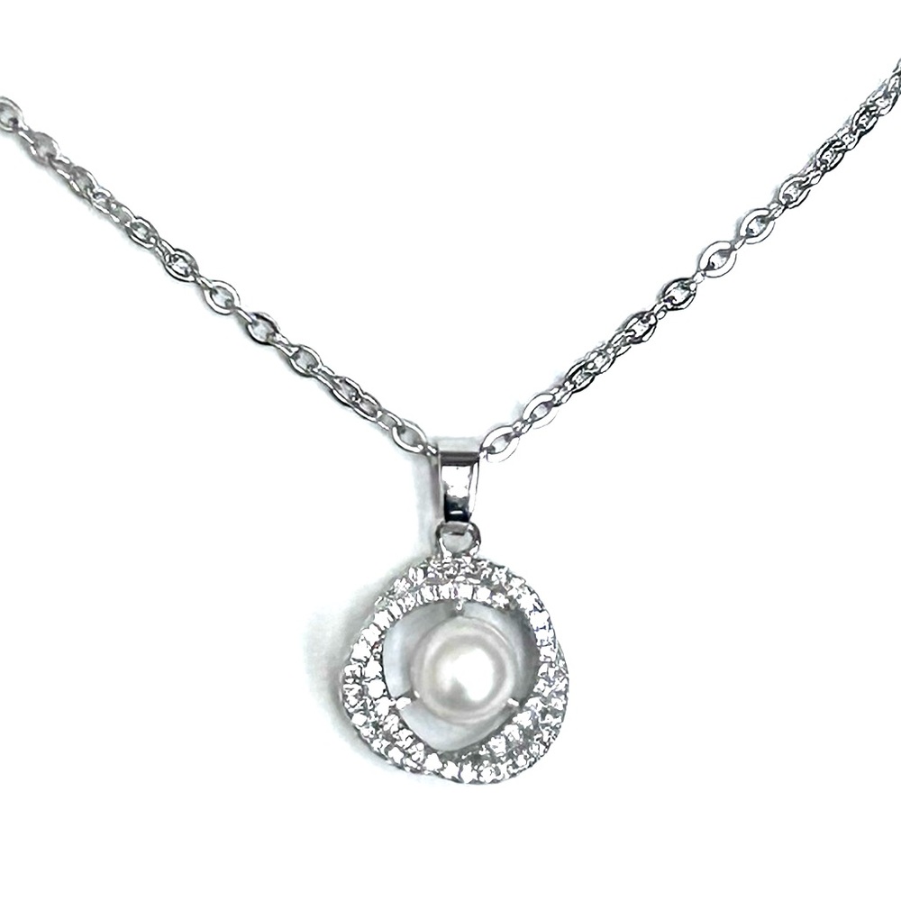 7-8mm Genuine White Pearl CZ Silver Pendant Necklace